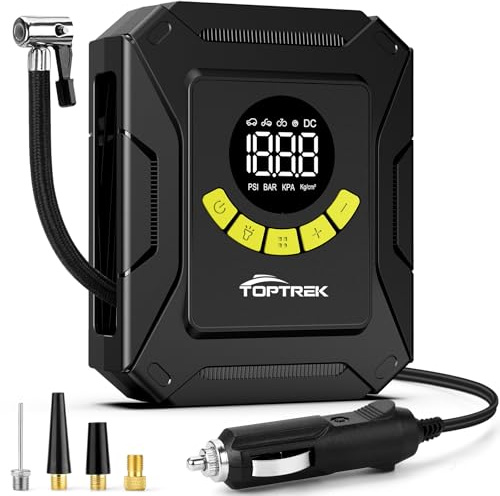 toptrek Car Tyre Inflator 12V DC, 150 PSI Portable Air Compressor with Digital LCD Screen, Preset Pressure & Auto ShutOff, Tyre Air Pump with Extended Cord for Cars, Bikes, Motorcycles & Inflatables