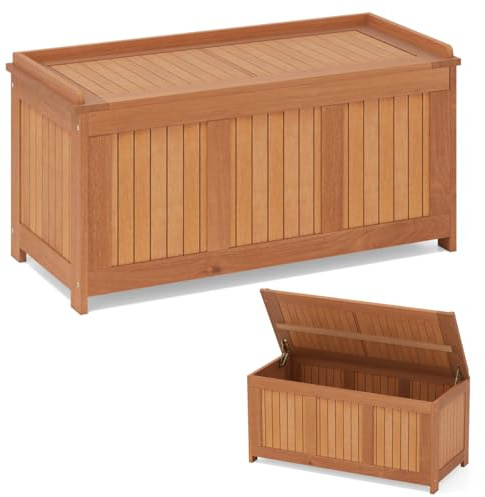 COSTWAY 220L Garden Storage Box, Wooden Deck Box Bench with Spring-lifting Brackets and Raised Edges, Outdoor Patio Storage Chest Container for Cushion Pillow Gardening Tools