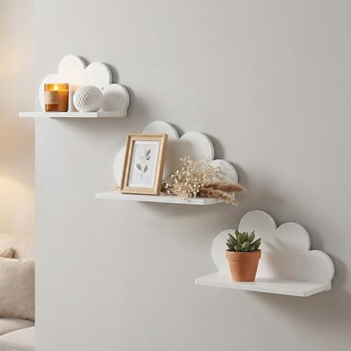 YUNYOUC 3Pack Cloud Shaped Floating Wall Shelf, Decorative Bedroom Nursery Display Unit, Child's Cloud Shelves, Nursery Floating Shelf Child's Bedroom Themed Boy/Girl (White TypeB)