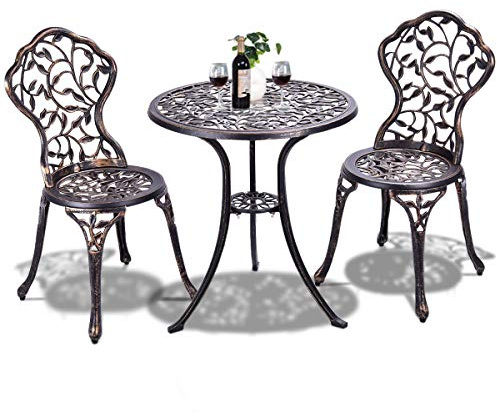 GOPLUS Ensemble de Bistrot pour Jardin de 3 Pièces en Fonte Aluminium avec 2 Chaises et 1 Table Ronde et Terasse, Ensemble Table et Chaise en Métal (Feuille en Bronze)