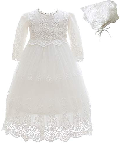 Silver Mermaid Baby Girls Long Sleeve Baptism Dress Floral Embroidery Christening Blessing Gown(6M,Ivory White)