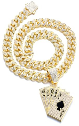 Halukakah Collar con Colgante Chapado en Oro 18K para Hombres - Más 1000 Diamantes - Cadena de Eslabones Cubanos -Colgante de Póker con Diamantes Agrupados -Estilo Hip-Hop -Completo con Caja de Regalo