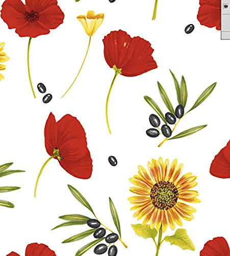 ecosoul Wachstuchtischdecke Gartentischdecke Wachstuch Basique White weiß mit rotem Mohn, Sonnenblumen und Oliven in 140cm Breite Meterware Länge wählbar (100cm x 140cm)