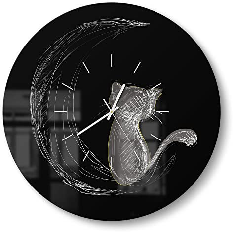 DEQORI Glasuhr | rund Ø 50 cm | Motiv Die Katze und der Mond | große XXL Design Uhr aus Glas | leise Wanduhr für Wohnzimmer & Küche | Moderne Hingucker Uhr für die Wand