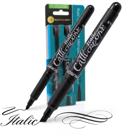 MANUSCRIPT Callicreative Italic Marker Pen | Black Permanent Markers, Perfect as Calligraphy Pens | Set of 2 Pens with Medium & Extra Broad Chisel Tips