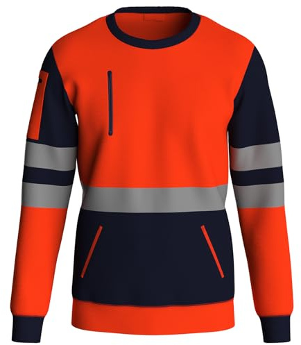NOROZE High Visibility Long Sleeve Hi Vis Jumper - Crew Neck Fleece Hi Viz Sweatshirt Reflective Tape Safety - Mens Security Workwear Tshirt Top Nvy-Org/2XL
