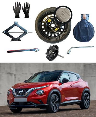 Kit Roue de secours 17 compatible avec Nissan Juke (2020>) avec Cric, Clé, Vis, Gants et Sac 135/80R17