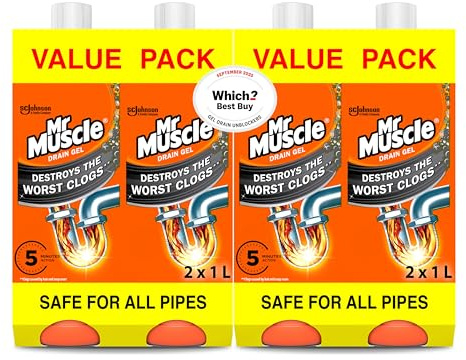 Mr Muscle Drain Unblocker, Sink and Drain Cleaner (4 x 1L) Fast Acting Heavy Duty Gel, Dissolves Clogs, Works 3x Better Than Bleach, Safe for All Pipes, (2 x Duo Pack)