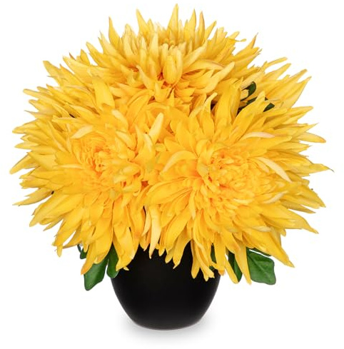Hollyone Artificial Mums Flowers in Vase Faux Chrysanthemum Silk Flowers Potted Plant Fake Plants & Flowers with Pot Floral Arrangements Bouquets Pincushion Spider Mum Flower Home Decor Yellow
