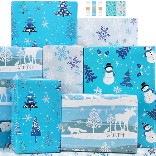Papier Cadeau Noel Garçon Enfant Homme Papier Noel Bleu Blanc Papier d'emballage de Noël Papier d'emballage Cadeau de noël Papiers Cadeaux Noel Luxe Papier Emballage noel Papier Cadeaux de Noël