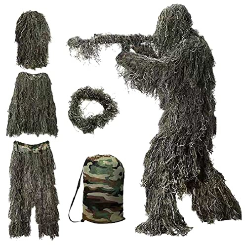 Huhudyy Traje 5 en 1, camuflaje 3D, ropa de caza al aire libre, incluye chaqueta, pantalones, capucha, bolsa de transporte para adultos, niños y jóvenes