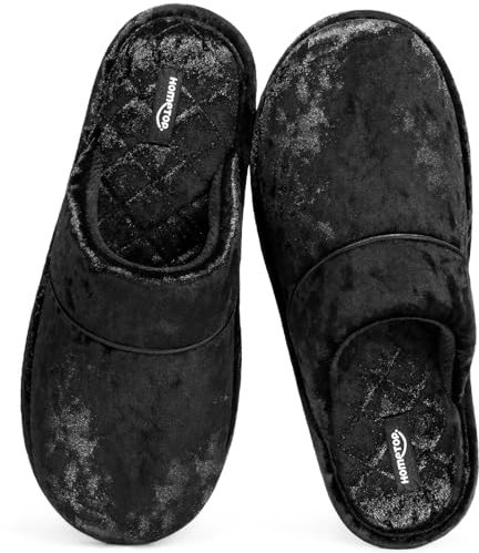 HomeTop Women's Comfy Scuff Slippers with Diamond Velvet Upper Non-slip Sole for House Home Bedroom Vine Black,5-6 UK