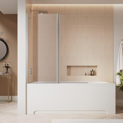 SIRHONA paroi de baignoire 120x140cm, aluminium argenté brillant, paroi de douche rabattable et orientable à 180°, montage à droite ou à gauche, verre trempé 6mm