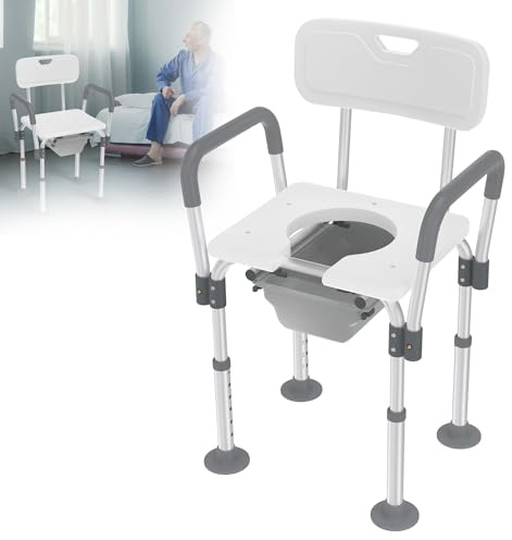 HENGMEI Silla de inodoro con altura ajustable, silla de noche, portátil, higiénica, silla de ducha, asiento de bañera con reposabrazos e inodoro para adultos, personas mayores