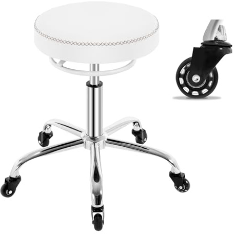 WOLTU Taburete con Ruedas, Taburete Oficina de PU, Silla de Trabajo, Altura Ajustable, Silla Giratoria para Masajes, Oficina, Clínica y Laboratorio, Blanco