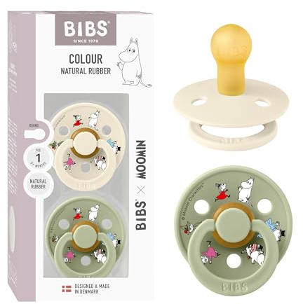 BIBS Colour Moomins Soother 2-Pack, BPA Free Dummy Pacifier, Round Nipple. Natural Rubber Latex, Made in Denmark, Size 1 (0-6 Months), Ivory/Sage