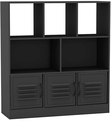 URBNLIVING Estantería asimétrica negra de 8 cubos, estantería de almacenamiento independiente con 3 puertas, puertas de metal, color negro
