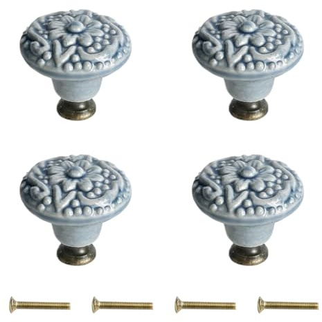 Rundago 4 Piezas Pomos de Cerámica Vintage para Muebles, Tiradores Redondos, Manillas Decorativas para Cajones, Armarios de Cocina y Puertas, Fácil de Instalar con Tornillos (3.4cm)