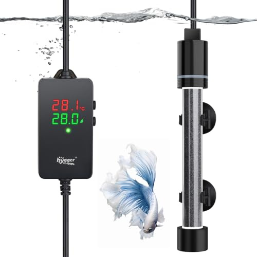 hygger Dränkbar akvarievärmare akvarievärmare med termostat 200 W, justerbar akvarievärmare för fisk och sköldpaddor från 75 till 151 l (15–34 °C)