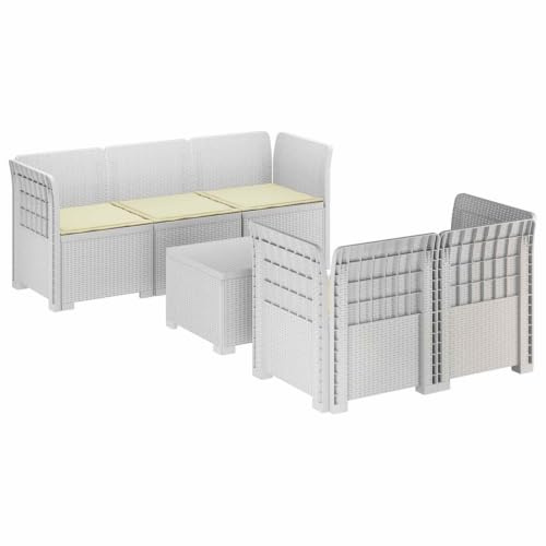 LoogCape 5-sitsig trädgårdssoffa med kudde, polypropen, väderbeständig, vit, modulär loungesoffa för terrass, balkong, vinterträdgård, utbyggbar med element, bekväm sittgrupp för utomhusbruk