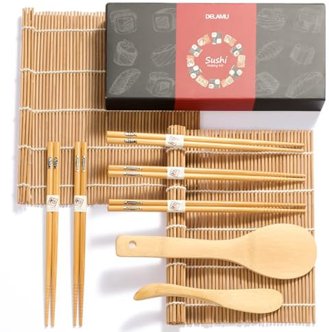 Sushi Making Kit, Delamu Bamboo Sushi Mat, Including 2 Sushi Rolling Mats, 5 Pairs of Chopsticks, 1 Paddle, 1 Spreader, 1 Beginner Guide PDF, Beginner Sushi Kit, Sushi Plates
