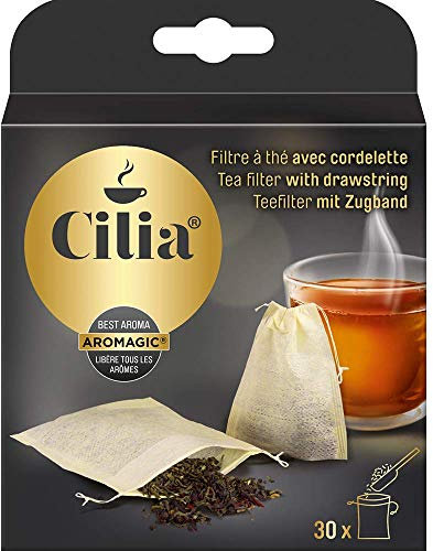 Cilia Lot de 30 filtres à thé en papier avec cordon de serrage, pour une utilisation sans support, convient pour le thé en vrac, blanc crème