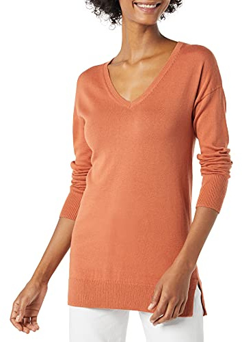 Amazon Essentials Women's Lätt långärmad V-ringad tunika tröja (finns i plusstorlek), Karamell, M