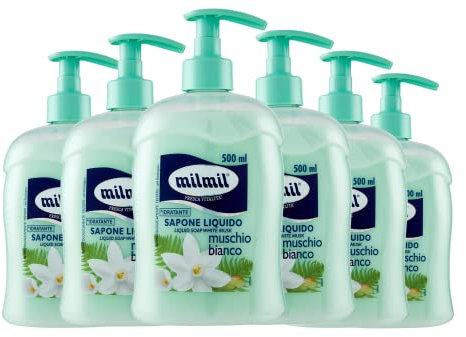 Milmil Sapone Liquido, Fragranza Muschio Bianco, con Dispenser, Sapone Mani, Viso e Corpo, Dermatologicamente Testato - 6 x 500 ML