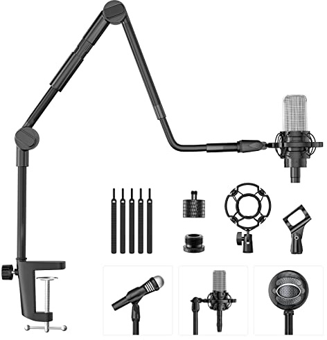 Microphone Stand, 37 Adjustable Gooseneck Mic Boom Arm with 5/8 & 1/4 Adapter, Shock Mount, Mic Clip Holder, Max Load 3LB Desk Mount Suspension Boom for Blue Yeti Nano Snowball Ice and Other Mics