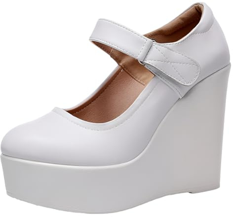 Jamron Donna Piattaforma Alta 11.5CM Tacco a Zeppa Scarpe Mary Jane Gancio e Anello Décolleté in Pelle Bianco SN070281-3 EU38