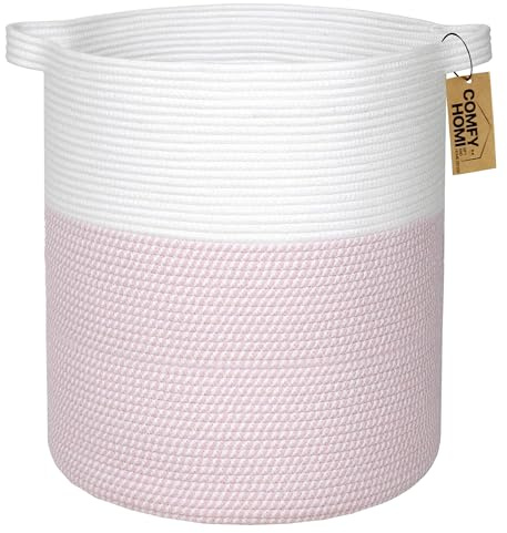 COMFY-HOMI XXL Large Laundry Basket with Handles Blanket Baskets Living Room|Woven Cotton Rope Decorative Basket Laundry Hamper Baby Basket Nursery Dog Toy Storage Organizer Bin-16”x18”-White/Pink