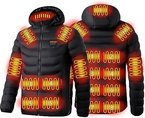 19 värmezoner Uppvärmd jacka för män Kvinnor, USB Laddning Elvärme Kläder Kappa Huva Uppvärmd Väst 3 Justerbara temperaturer, Jakt Motorcykel Skidåkning (Color : Black, Size : 4XL)