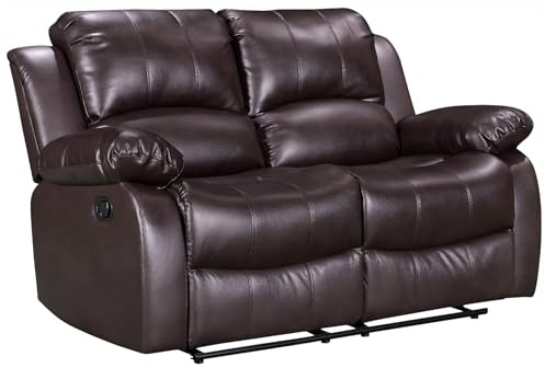 Faux Brown Leather 2 Seater Recliner Sofa | Manual Lever, 3 Positions, Easy 160° Recline | Elegant Upholstery | Ideal for Couples, Elderly, Loveseat for Lounge, Gaming Room or Living Room | Valencia