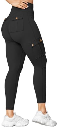 Nuofengkudu Women High Waisted Cargo Leggings Gym with Pockets Scrunchs Bum Butt Lifting Booty Push up Ankle Length Tummy Control Solid Running Sports Jogging Trousers Stretch Pants Black L