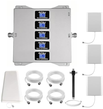 KKBSTR Amplificador 4G 5G Amplificador Cobertura Movil, 5 Bandas 800/900/1800/2100/2600MHz, Tres Antenas Interiores