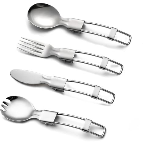 4 PCS Foldable Spork Spoon Fork Knife Stainless Steel Camping Cutlery Set Reusable Portable Tableware for Business Trip Travel Outdoor Picnic Hiking Fishing