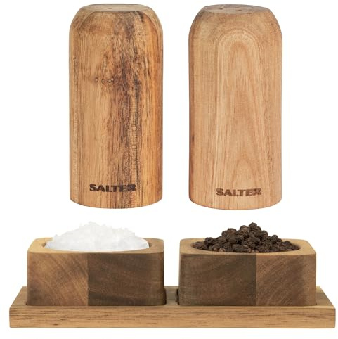 Salter COMBO-9158 Toronto Salt & Pepper Set – with Shakers and Pinch Pots, 2 Bowls with Storage Tray, Acacia Wood, Wooden Salt Pig, Compact, Refillable Seasoning Dispenser, Countertop & Kitchen Table