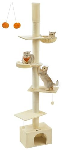Feandrea Kratzbaum deckenhoch, 231-291 cm höhenverstellbarer Katzenbaum, XXL, hoher mehrstufiger Katzenkratzbaum, 11 cm Dicke Stämme, Höhle, Liegemulde, Plattform, beige PCT210Y01