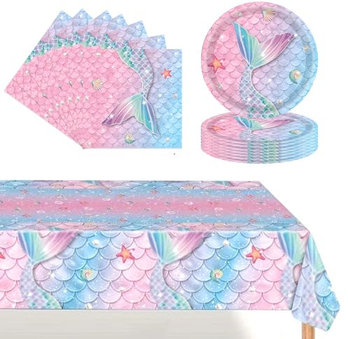 POPOYU 37Pcs Mermaid Party Paper Tableware Set,MermaidParty Plates Napkins Serviettes and Table Cloth,MermaidBirthday Table Decorations for Girls Princess Mermaid Under the Sea Themed Party Supplies