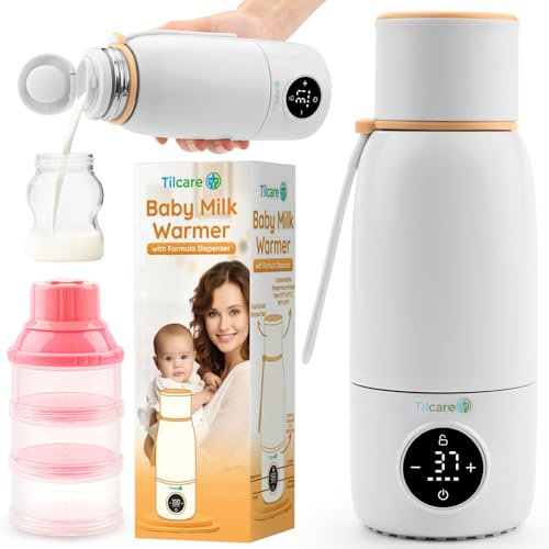 Wiederaufladbarer Milchwärmer mit Formeldispenser von Tilcare - Schnelle Erwärmung, Präzise Temperaturkontrolle, Bis zu 12 Stunden Milchwärme mit LCD, 17oz/500ml -Anzeige - Ideal für Neue Eltern