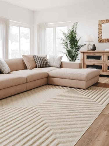 Interiyou Alfombra Salon Pelo Corto Lecce - 120x170 cm Crema - Diseño Boho escandinavo con Efecto 3D de Relieve - Plana con patrón geométrico