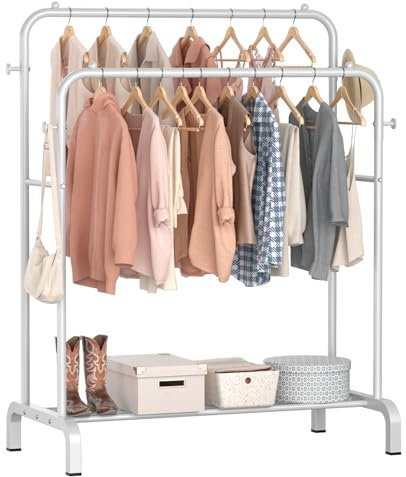 ZHKINGGS Metall Kleiderständer Doppelstange Multifunktionaler Kleiderstange mit Einlegeböden für Haus Schlafzimmer für Mäntel, Taschen, Schuhe, Stiefel(Weiß)