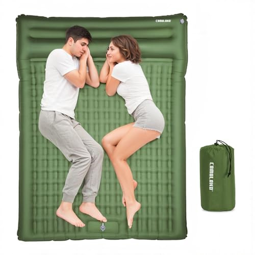 CAMULAND Double Camping Sleeping Pad, 4.7 Ultra-Thick Self-Inflating 2 Person Sleeping Mat with Built-in Pillow and Foot Pump, Waterproof & Durable, RV Travel Portable Camping Pad(Olive Green