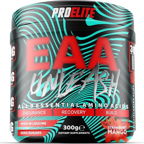 EAA Amino Acids Supplement 300g, Vegan Essential Amino Acids Unflavoured Powder, Full Spectrum EAAs with BCAA Powder Muscle Growth & Recovery Intra Workout Drink Powder (300g, Strawberry Mango)
