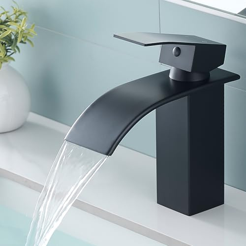 Fransiton Wasserhahn Bad, Wasserfall Waschtischarmatur für Badezimmer, Einhebel-Mischbatterie für Kaltes und Warmes Wasser im Badezimmer (Schwarz Matt)