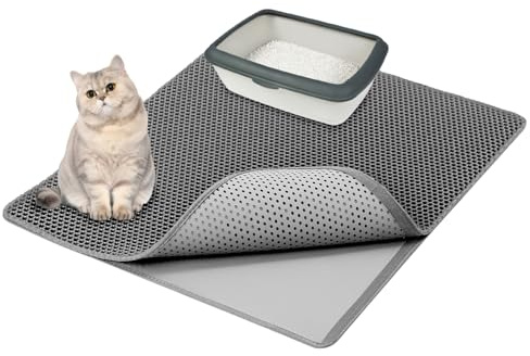 QWORK® Cat Litter Mat 90 X 76 cm, Grey Double Layer Honeycomb Design with EVA Material – Non-Skid Base, Easy to Clean for Multi-Cat Families