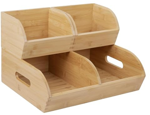 Potato and Onion Storage Bin for Pantry and Kitchen Counter - Ventilated Stackable Bamboo Organizer Baskets with Handles - Multipurpose Organization Containers for Fruit, Vegetable, Pantry - 3 Pack