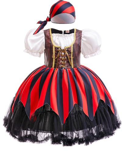 HEYOUTH Abito da Principessa Bucaniere per Ragazze,Party Ragazze Costume Pirata,con Cappello da Pirata,per Festa a Tema Halloween e Giochi di Ruolo (140CM)