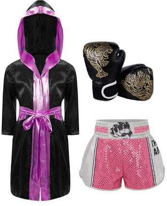 Miaeowve Boxer Anzug Kinder Junge Muay Thai Robe Satin Kapuzenumhang Mit Boxshorts Boxhandschuhe Kampfsport Kampfausrüstung Set Rosa E 134-140