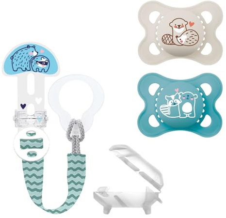 MAM SkinSoftTM Silikon Dummies 0-6 Months incl. sterilising and Transport Box & MAM Clip it! & Cover